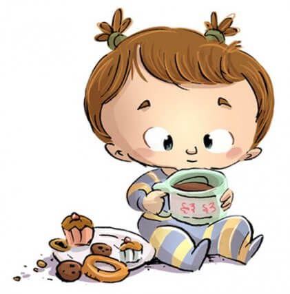 Kleinkind Mädchen mit Teetasse und Kuchen