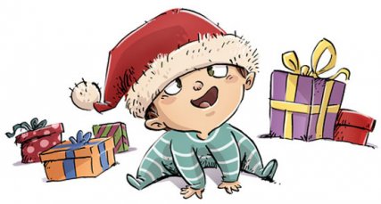 Kleinkind mit Weihnachtsmütze umgeben von Weihnachtsgeschenken