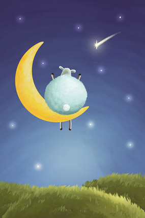 Gute Nacht Geschichte - Eduard das Traum-Schaf sitzt auf dem Mond und schaut sich die Sterne an.
