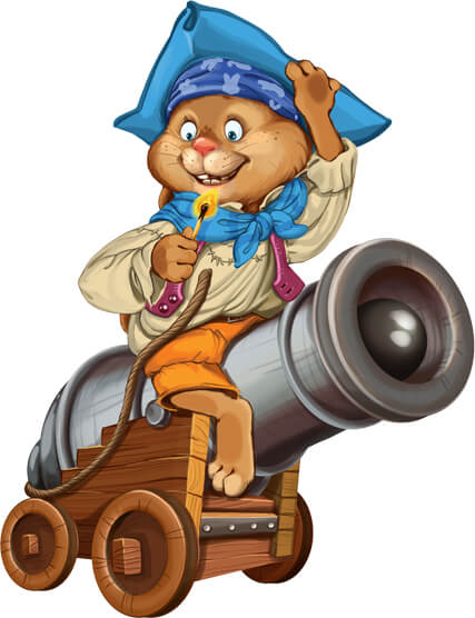 Kindergeschichte - Die Hasenpiraten auf Schatzsuche - Piratenjunge Torben Tollpatsch reitet auf der Kanone