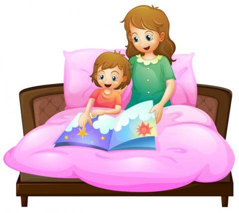 Mama liest Annika eine Gutenachtgeschichte vor