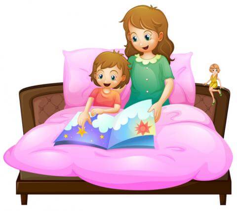 Mama liest Annika und Lavinia eine Gutenachtgeschichte vor