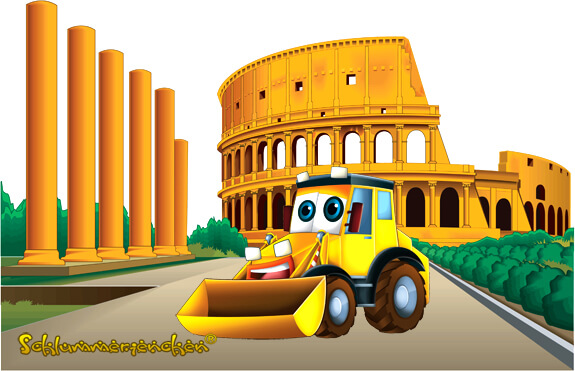 Baggi der kleine Bagger in Rom vor dem Kolosseum - aus der Geschichte: Baggi in Italien, Autor Jens Pätz, auf schlummerienchen.de