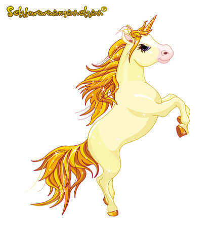 Grosses Einhorn mit goldener Mähne und goldenem Schweif aufgebäumt und wütend