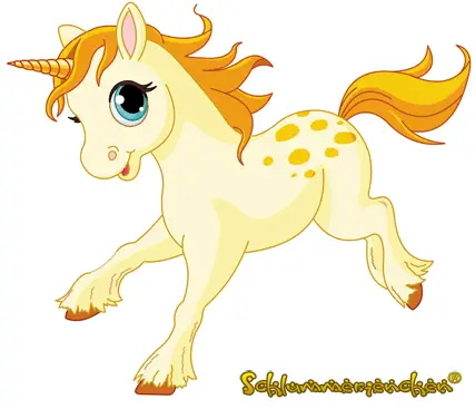 Kleines Einhorn mit Scheckung im Fell, goldener Mähne und goldenem Schweif