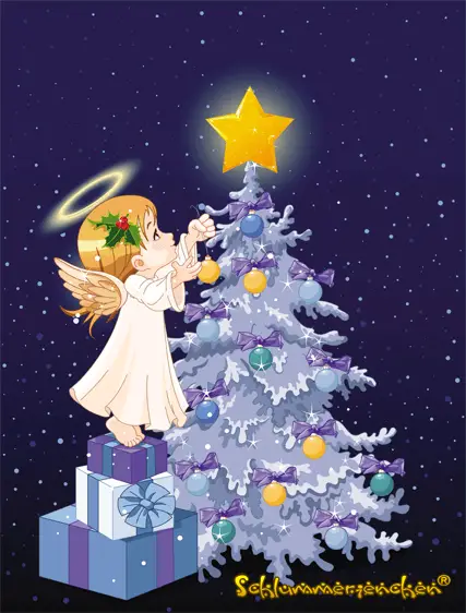 Das Christkind (Weihnachtsengel) schmückt einen Tannenbaum