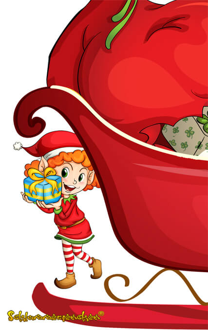 Der Neugier-Wichtel schüttelt ein Geschenk am Schlitten des Weihnachtsmannes