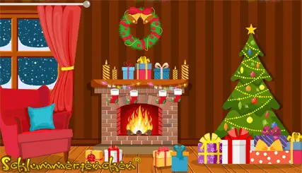 Weihnachtlich geschmückte Wohnstube mit Kamin, Weihnachtsbaum und Geschenken