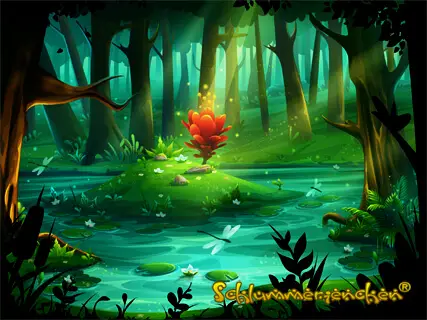Rote Blume auf einer kleinen Insel in einem Fluss im Wald - Geschichte: Zauberella und das verbotene Haus; Episode 3 - Licht im Dunkelwald; Autor: Jens Pätz; Website: schlummerienchen.de