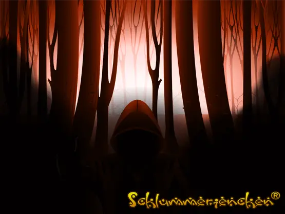 Dunkle Gestalt tritt aus einem Schatten. Dahinter der brennende Dunkelwald - Geschichte: Zauberella und das verbotene Haus; Episode 6 - Der Anfang; Autor: Jens Pätz; Website: schlummerienchen.de