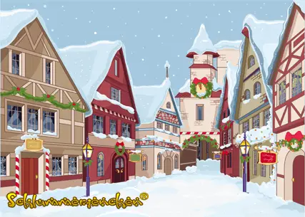 Kleines verschneites weihnachtlich geschmücktes Dorf im Winter zur Weihnachtszeit