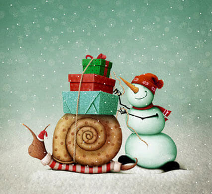 Weihnachtsgeschichte: Ein Schneemann rettet Weihnachten; Schnecke mit Geschenken beladen