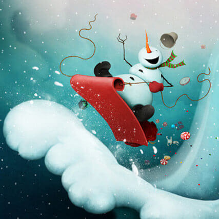 Weihnachtsgeschichte: Ein Schneemann rettet Weihnachten; Schneemann auf Schlitten