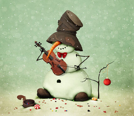 Weihnachtsgeschichte: Ein Schneemann rettet Weihnachten; Schneemann mit Violine und Hut
