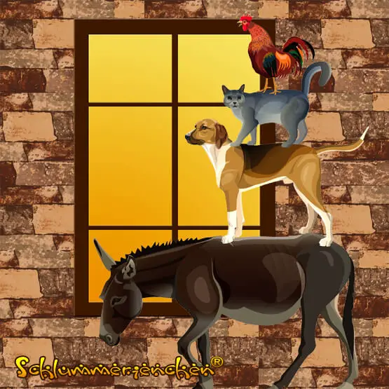 Esel, Hund, Katze und Hahn vor einem Fenster - Die Bremer Stadtmusikanten - Grimm Märchen von 1850