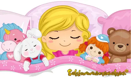 Maedchen im Bett mit ihren Kuscheltieren - Gute Nacht Geschichte - Ein Bett frei und eins für drei? - Cover - Autor: Jens Pätz - schlummerienchen.de