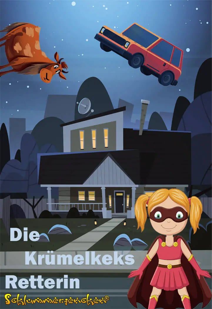 Superheldin bei Nacht mit fliegender Kuh aus der Gutenachtgeschichte Die Krümelkeks Retterin von Jens Pätz auf schlummerienchen.de