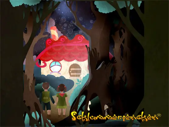 Hänsel und Gretel vor einem Hexenhaus im Wald - Hänsel und Gretel - Grimm Märchen von 1850