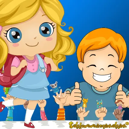 Mädchen mit Schulranzen und Junge Cartoon - Kindergeschichte Mein erster Schultag - Cover - Autor: Jens Pätz - schlummerienchen.de