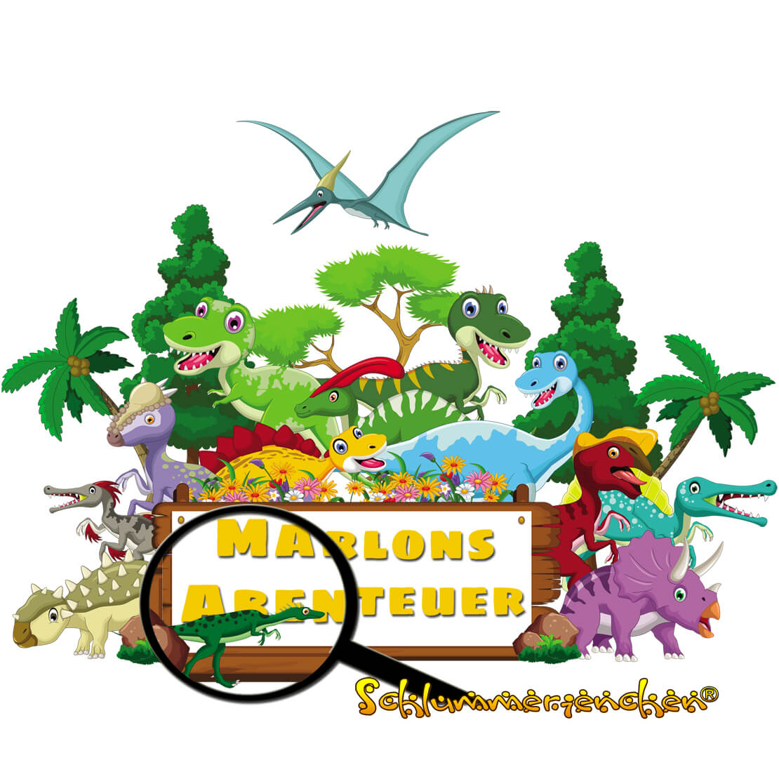 Marlons Abenteuer Cover Bild mit vielen Dinosauriern - Kindergeschichte auf schlummerienchen.de