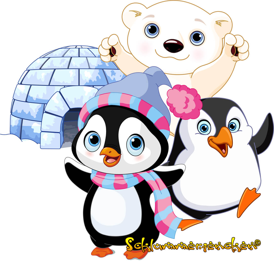 Platsch der kleine Pinguin mit Mütze und Schal und seinem Freund Rutsch und der kleinen Eisbärin Aurora vor einem Iglo - Cover aus der Weihnachtsgeschichte für Kinder: Platsch der kleine Pinguin - Das Weihnachtsabenteuer von Jens Pätz auf schlummerienchen.de