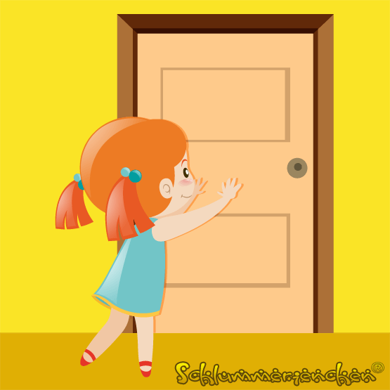 Kleines Mädchen in Kleid mit roten Haaren vor Zimmertür gezeichnet als Cartoon aus der Gute Nacht Geschichte - Bei den Hartmanns knallt es - Autor: Jens Pätz - schlummerienchen.de
