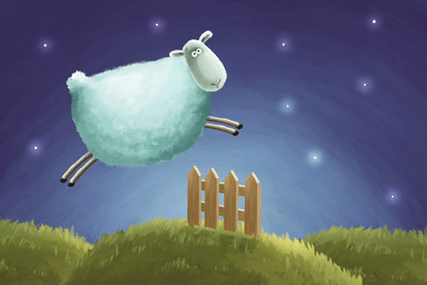 Gute Nacht Geschichte Eduard das Traum-Schaf Cover Bild. Eduard springt über einen Zaun vor einem nächtlichen Sternenhimmel.
