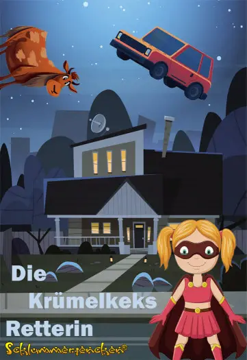 Superheldin bei Nacht mit fliegender Kuh aus der Gutenachtgeschichte Die Krümelkeks Retterin von Jens Pätz auf schlummerienchen.de