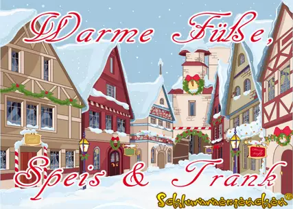 Cover der Weihnachtsgeschichte für Kinder - Warme Füße, Speis und Trank - Autor: Jens Pätz - schlummerienchen.de - Zu sehen ist ein verschneites weihnachtlich geschmücktes Dorf im Winter