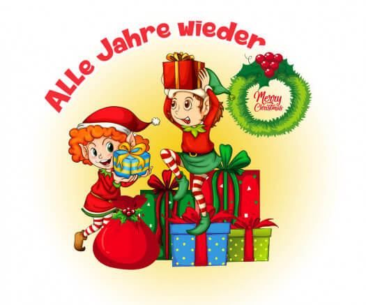 Weihnachtselfen mit Weihnachtsgeschenken aus der Weihnachtsserie Alle Jahre wieder von Jens Pätz auf schlummerienchen.de
