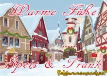 Cover der Weihnachtsgeschichte für Kinder - Warme Füße, Speis und Trank - Autor: Jens Pätz - schlummerienchen.de - Zu sehen ist ein verschneites weihnachtlich geschmücktes Dorf im Winter